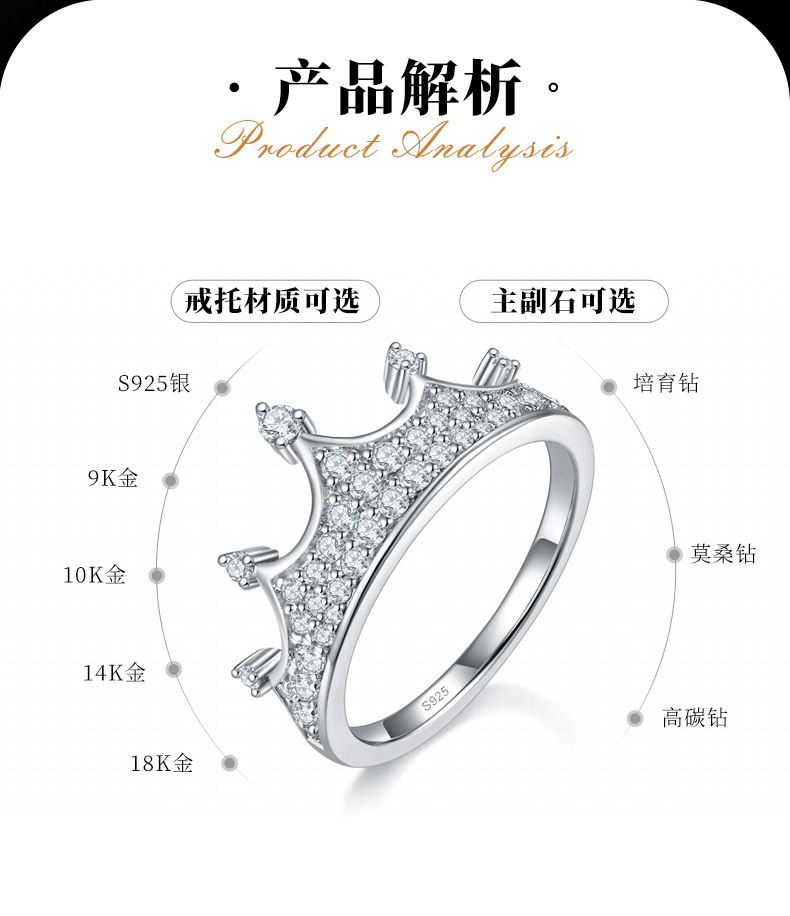 皇冠排戒S925银镀白金定制选款副石莫桑钻0.51ct - 2