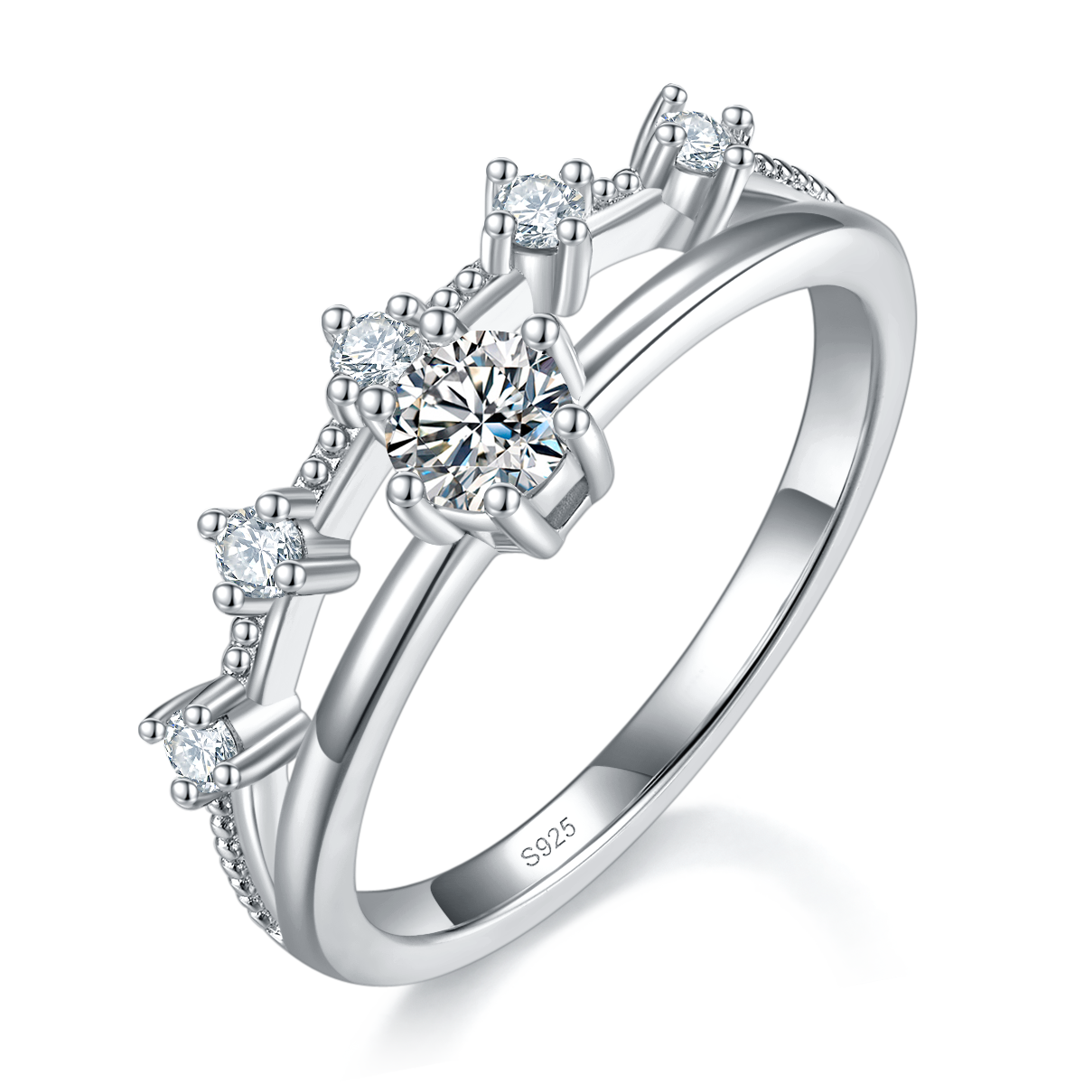 Dual arm ring S925 silver plated platinum custom selection main stone Moissanite 0.3ct/Side Stone Cubic Zirconia
