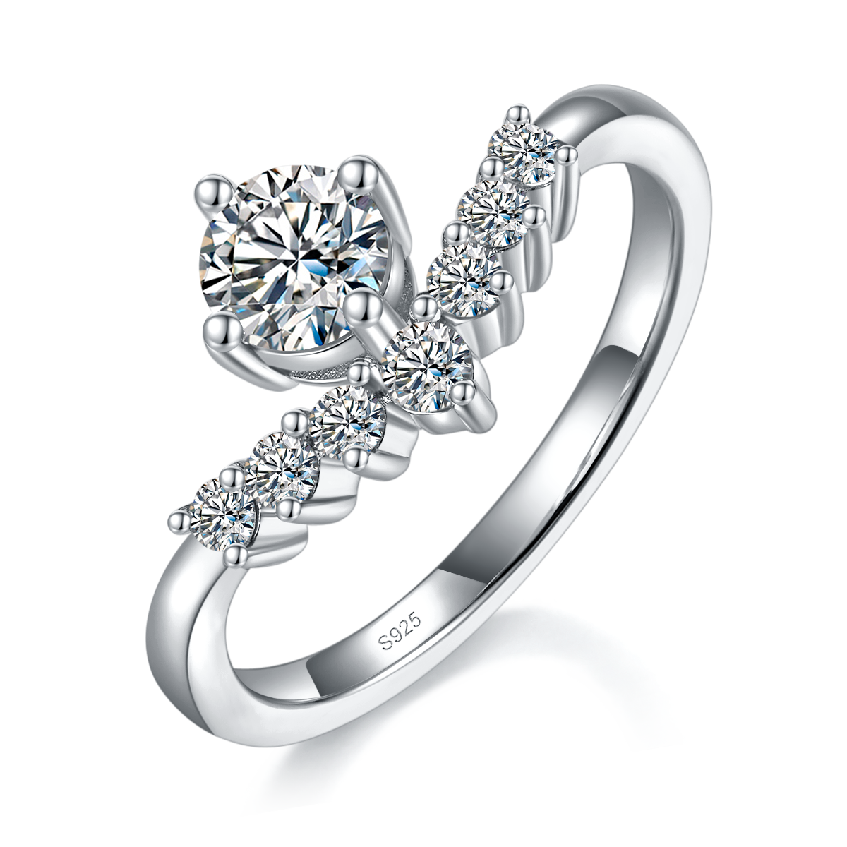 V形排戒S925银镀白金定制选款主石莫桑钻0.5ct/副石高碳钻