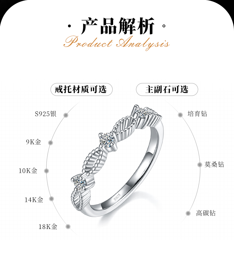 简约时尚款排戒S925银镀白金定制选款副石莫桑钻0.18ct - 2