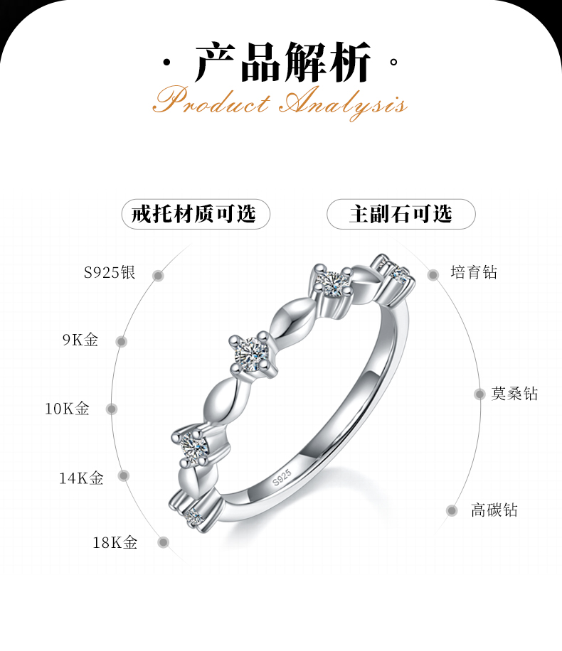 小众时尚款排戒S925银镀白金定制选款副石莫桑钻0.2ct - 2