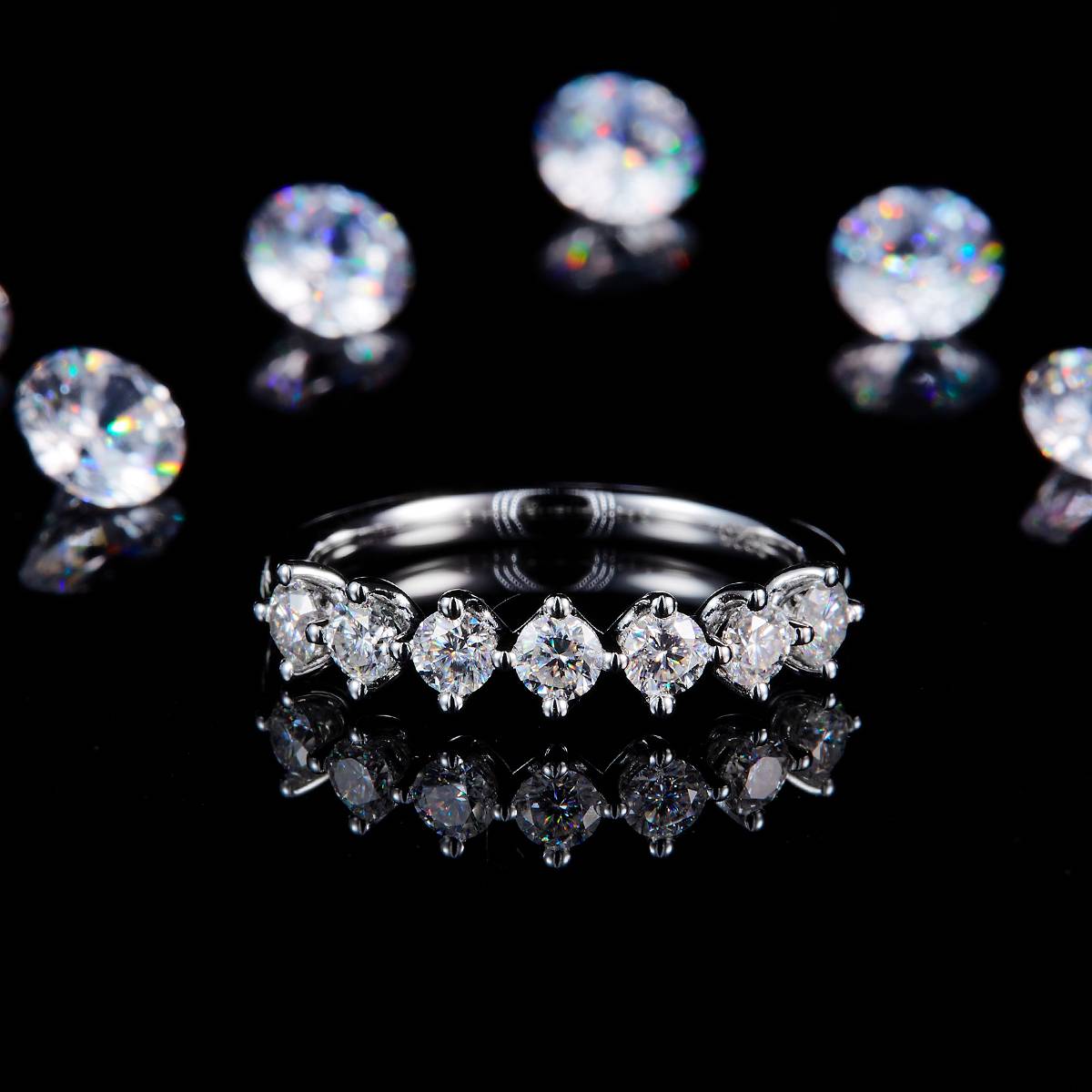 七星排戒S925银镀白金定制选款副石莫桑钻0.7ct