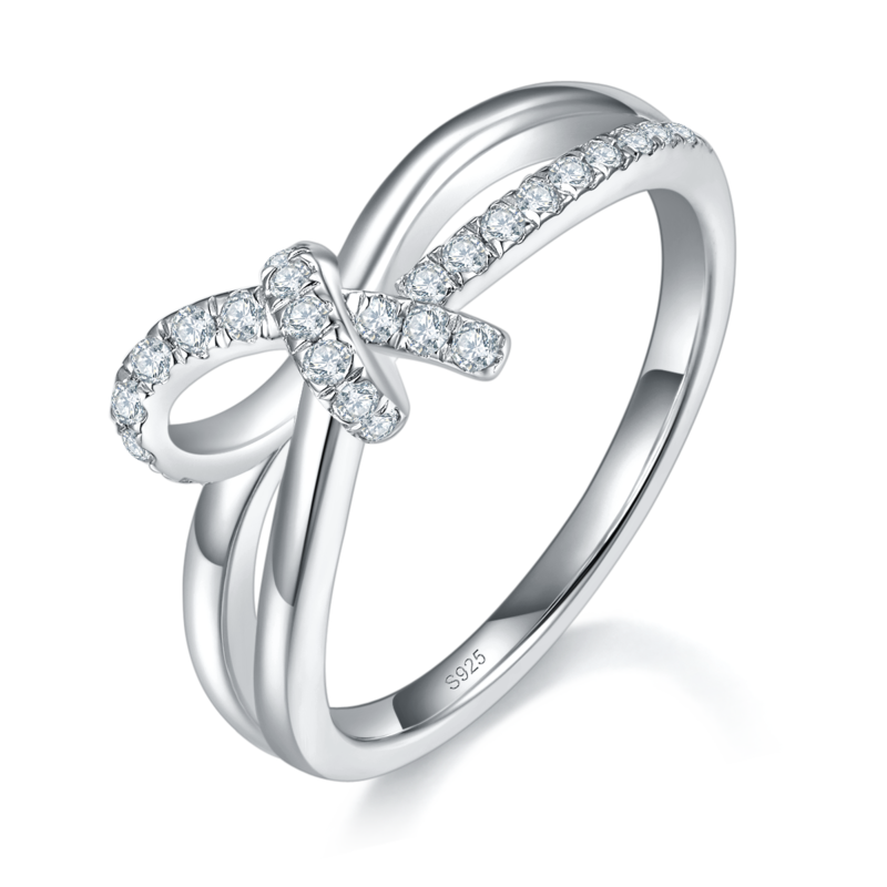 蝴蝶结排戒S925银镀白金定制选款副石莫桑钻0.21ct