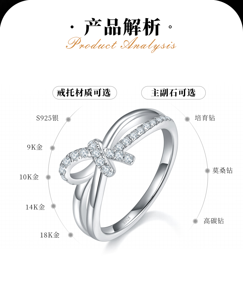 蝴蝶结排戒S925银镀白金定制选款副石莫桑钻0.21ct - 2