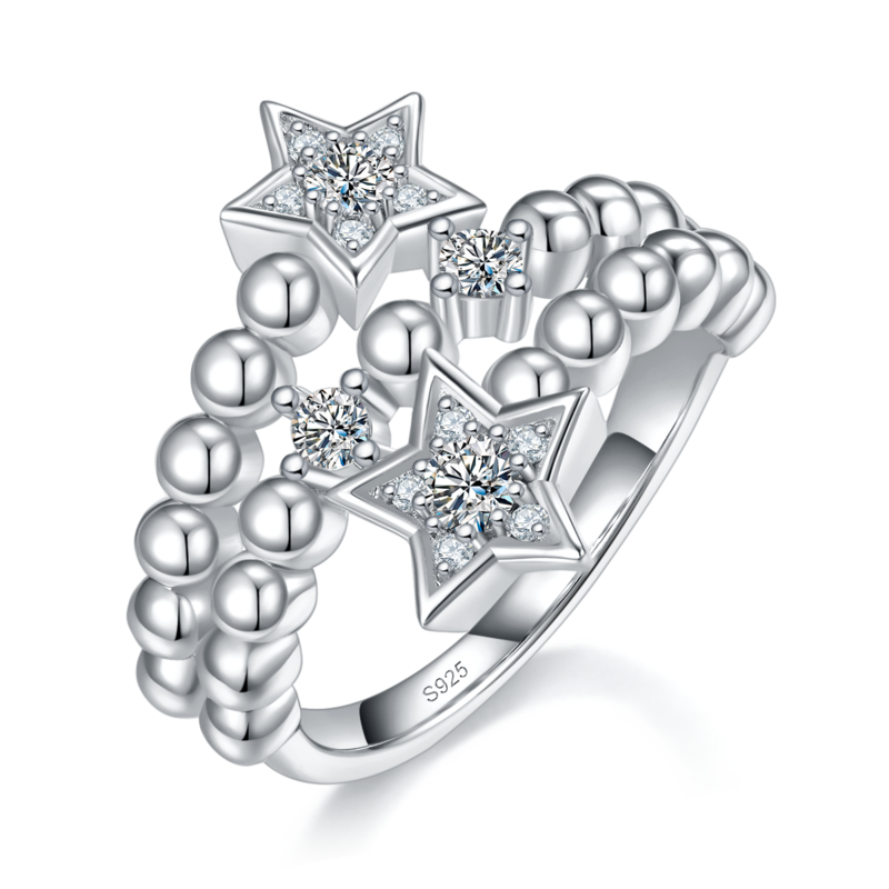 五角星圆珠戒臂排戒S925银镀白金定制选款副石Moissanite0.38ct