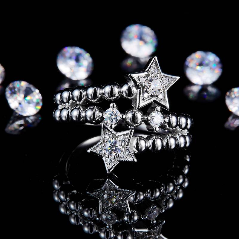 五角星圆珠戒臂排戒S925银镀白金定制选款副石Moissanite0.38ct