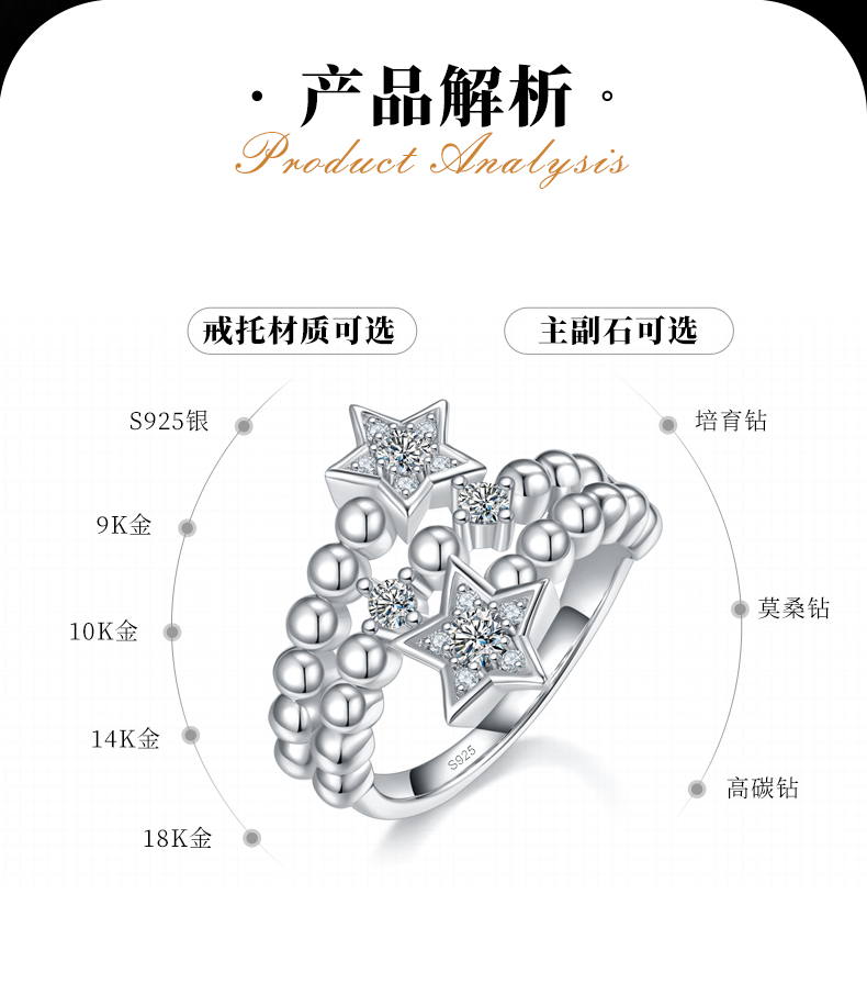 五角星圆珠戒臂排戒S925银镀白金定制选款副石莫桑钻0.38ct - 2