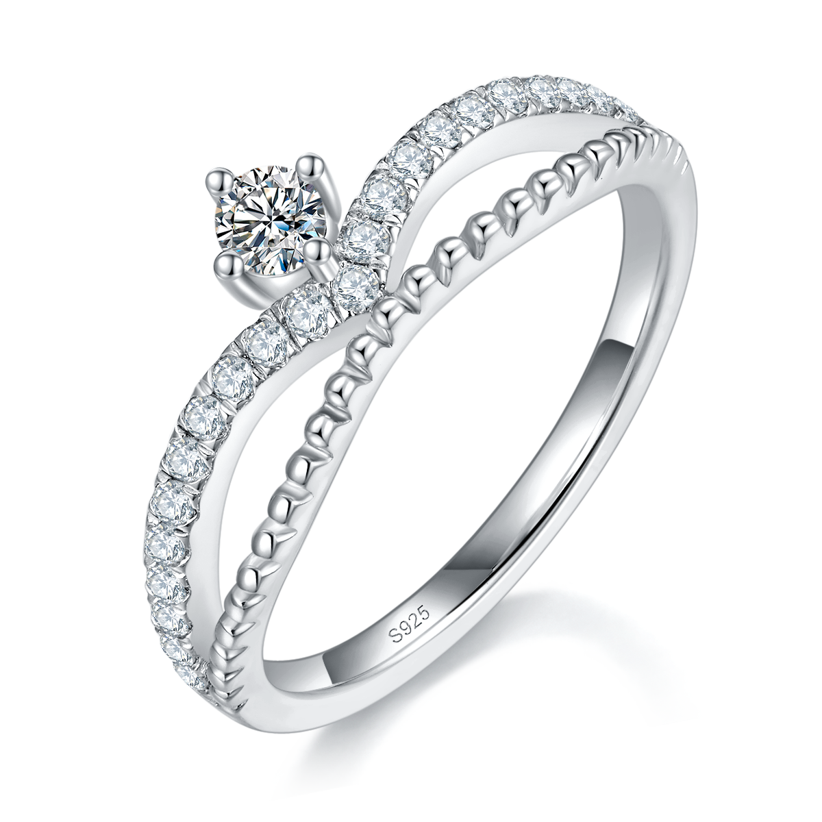 V形双臂排戒S925银镀白金定制选款副石莫桑钻0.33ct