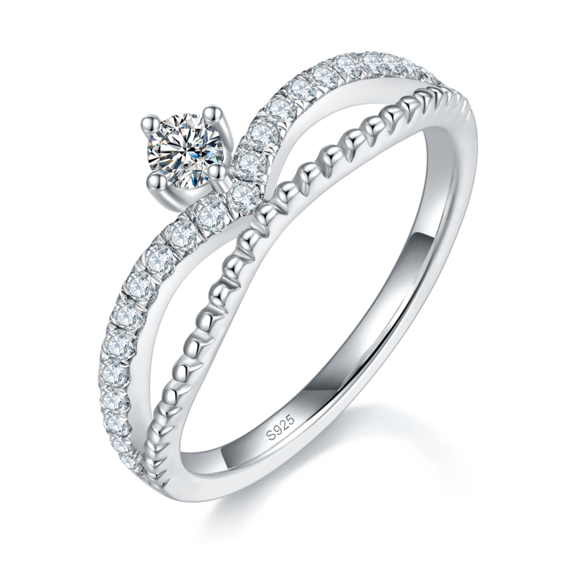 V形双臂排戒S925银镀白金定制选款副石Moissanite0.33ct
