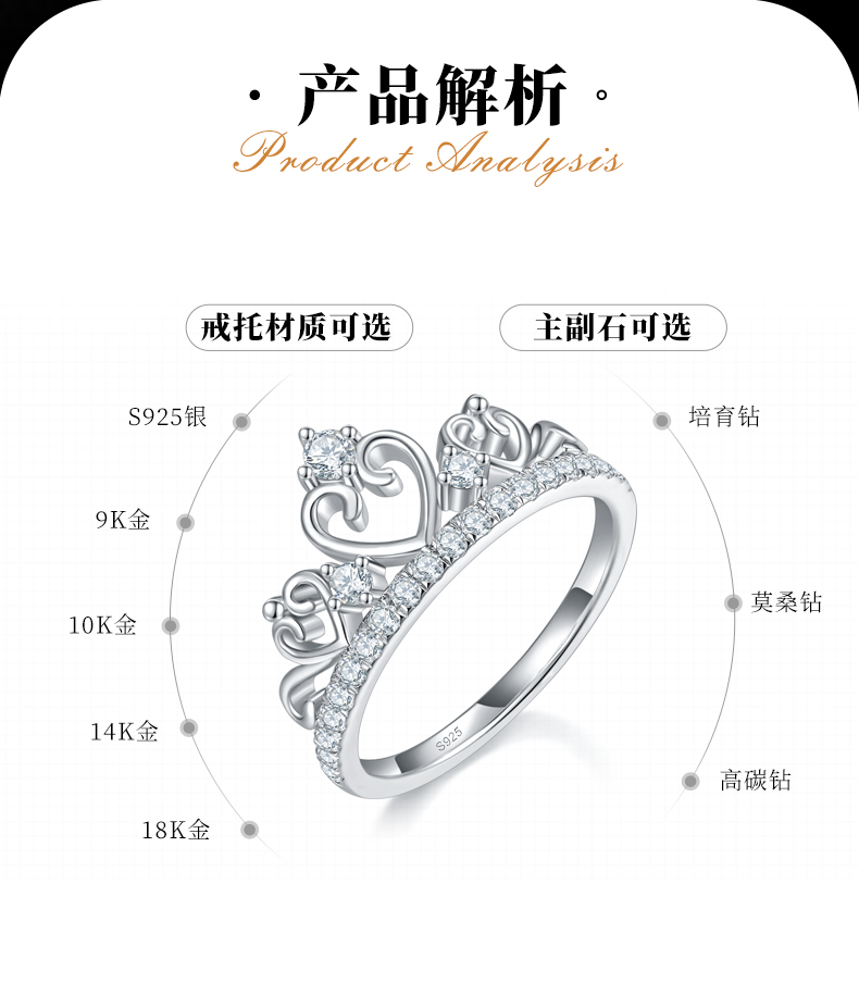 皇冠排戒S925银镀白金定制选款副石莫桑钻0.42ct - 2