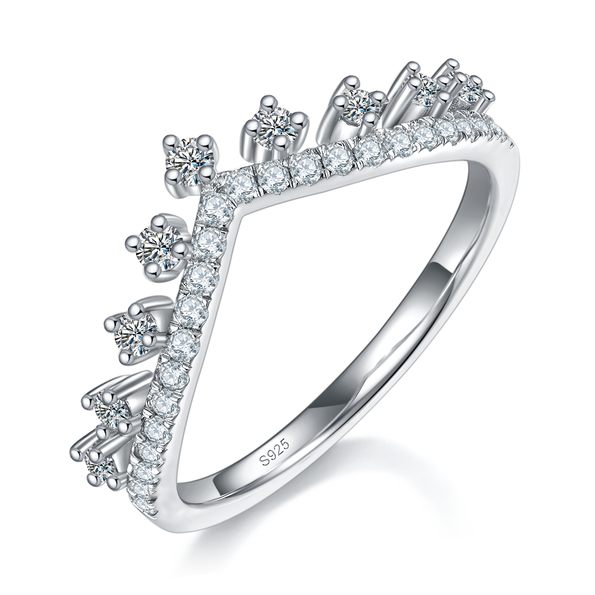 V形排戒S925银镀白金定制选款副石莫桑钻0.39ct