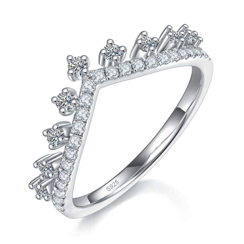 V形排戒S925银镀白金定制选款副石Moissanite0.39ct