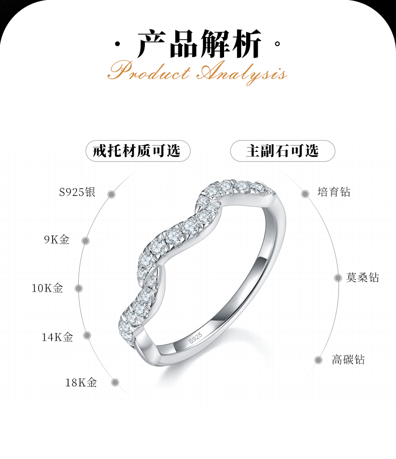 时尚扭臂排戒S925银镀白金定制选款副石莫桑钻0.29ct - 2