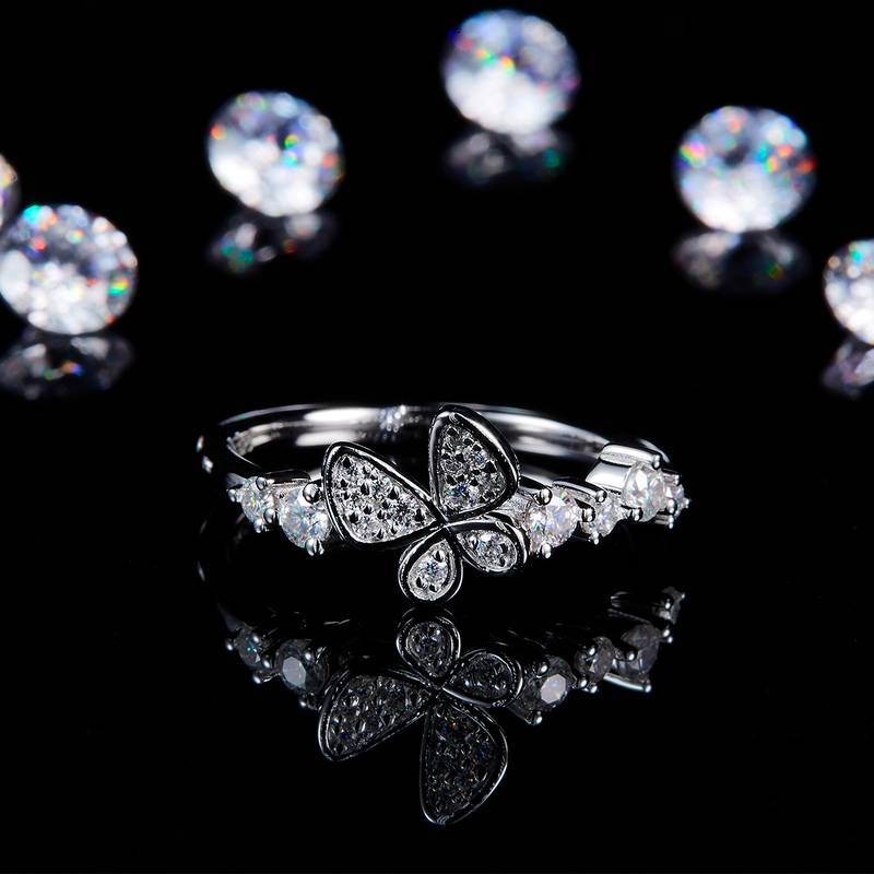 蝴蝶花朵排戒S925银镀白金定制选款副石Moissanite0.37ct