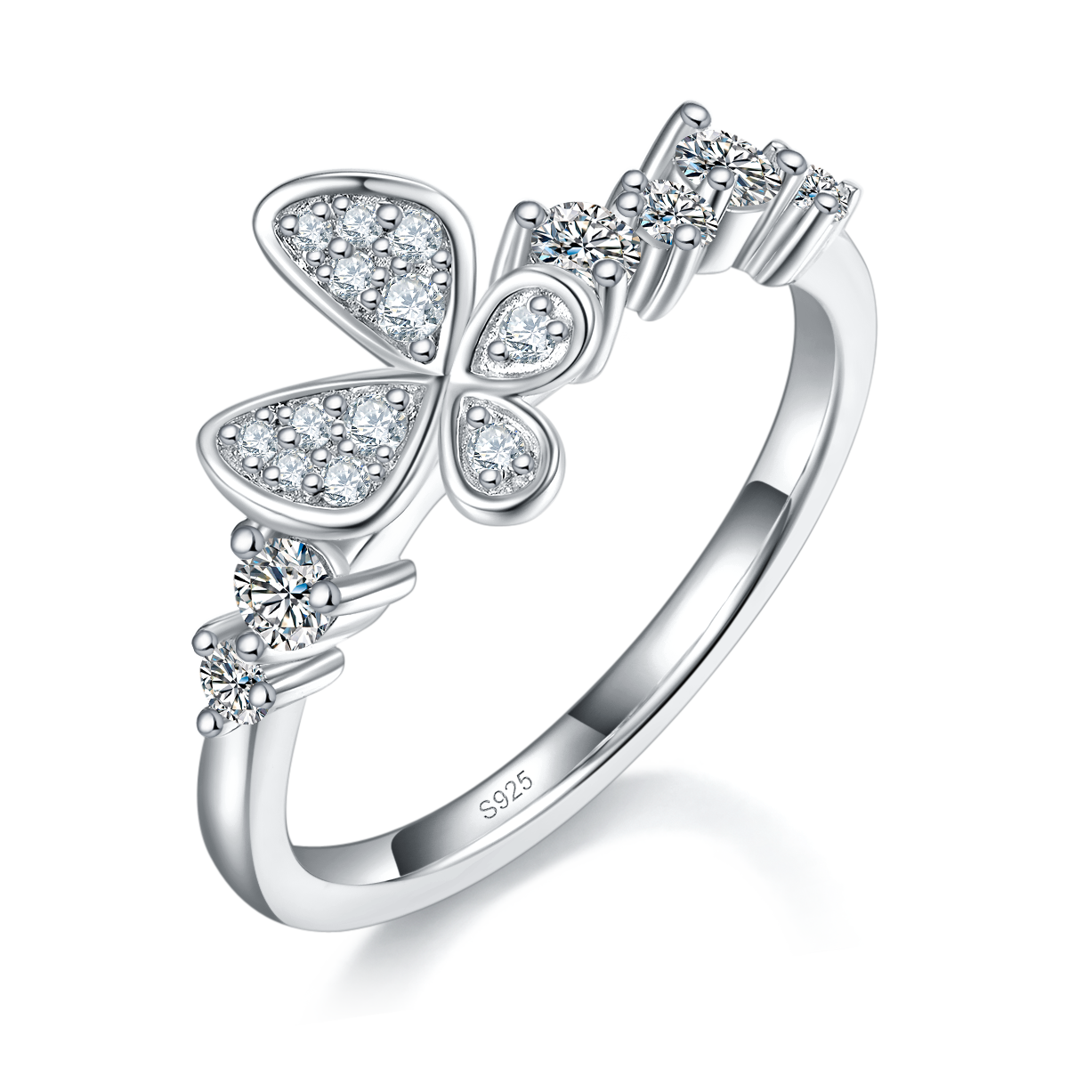 蝴蝶花朵排戒S925银镀白金定制选款副石莫桑钻0.37ct
