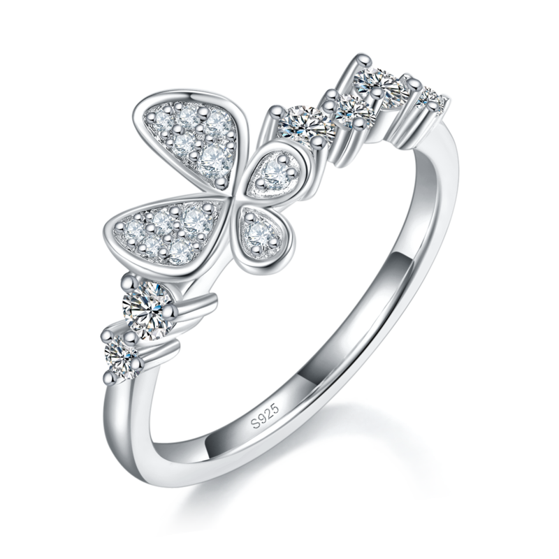 蝴蝶花朵排戒S925银镀白金定制选款副石Moissanite0.37ct
