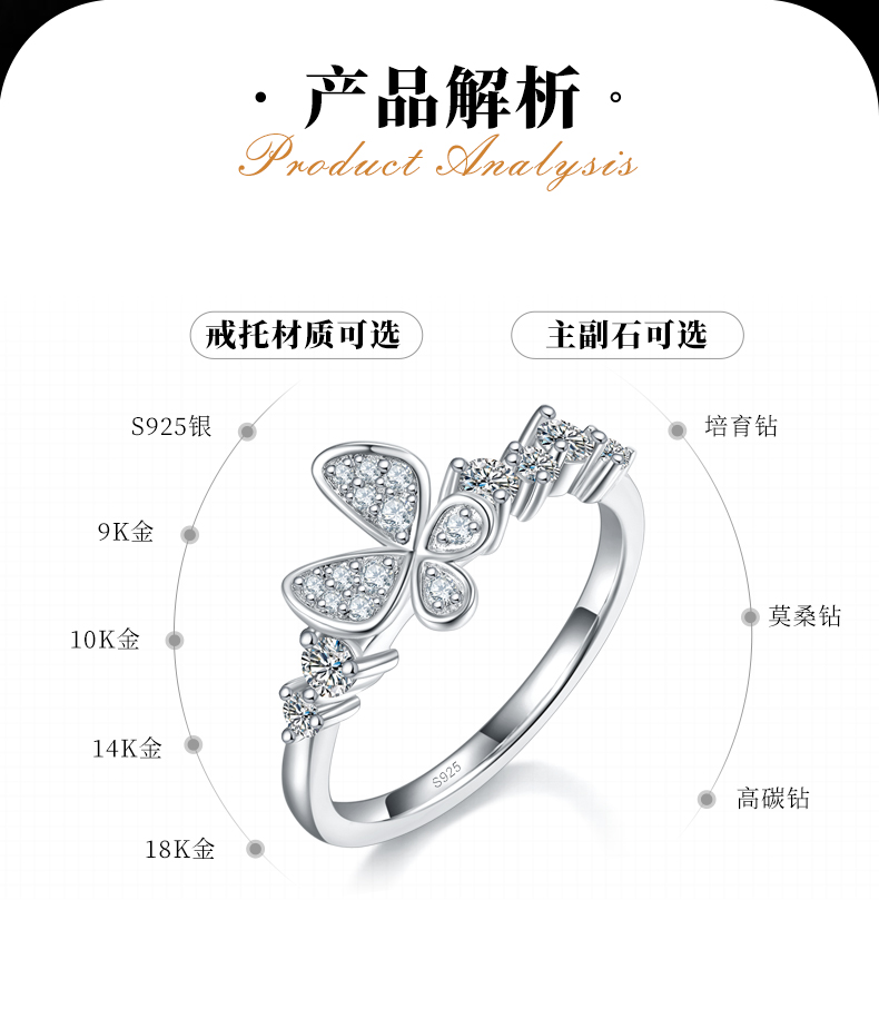蝴蝶花朵排戒S925银镀白金定制选款副石莫桑钻0.37ct - 2