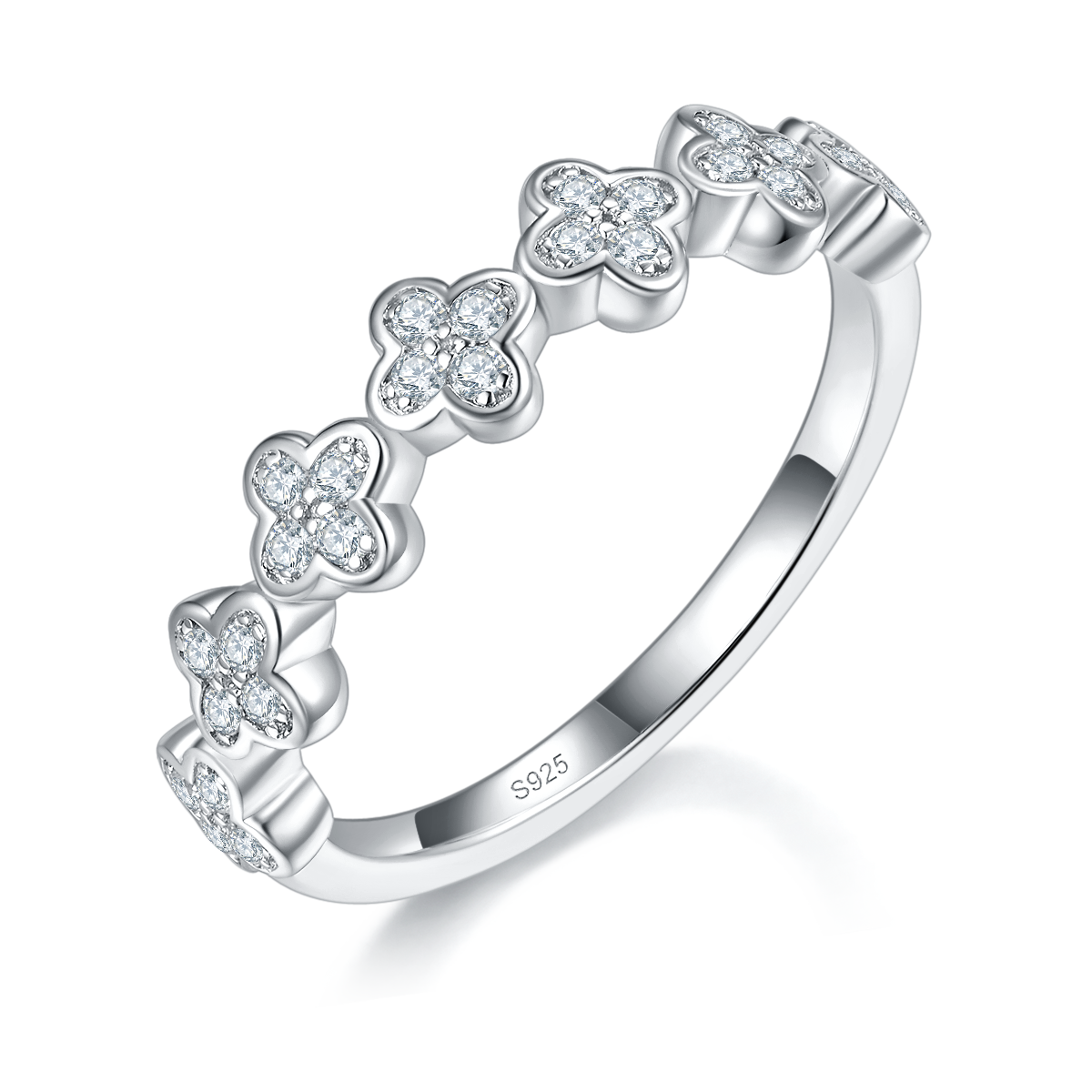 四叶草排戒S925银镀白金定制选款副石莫桑钻0.23ct