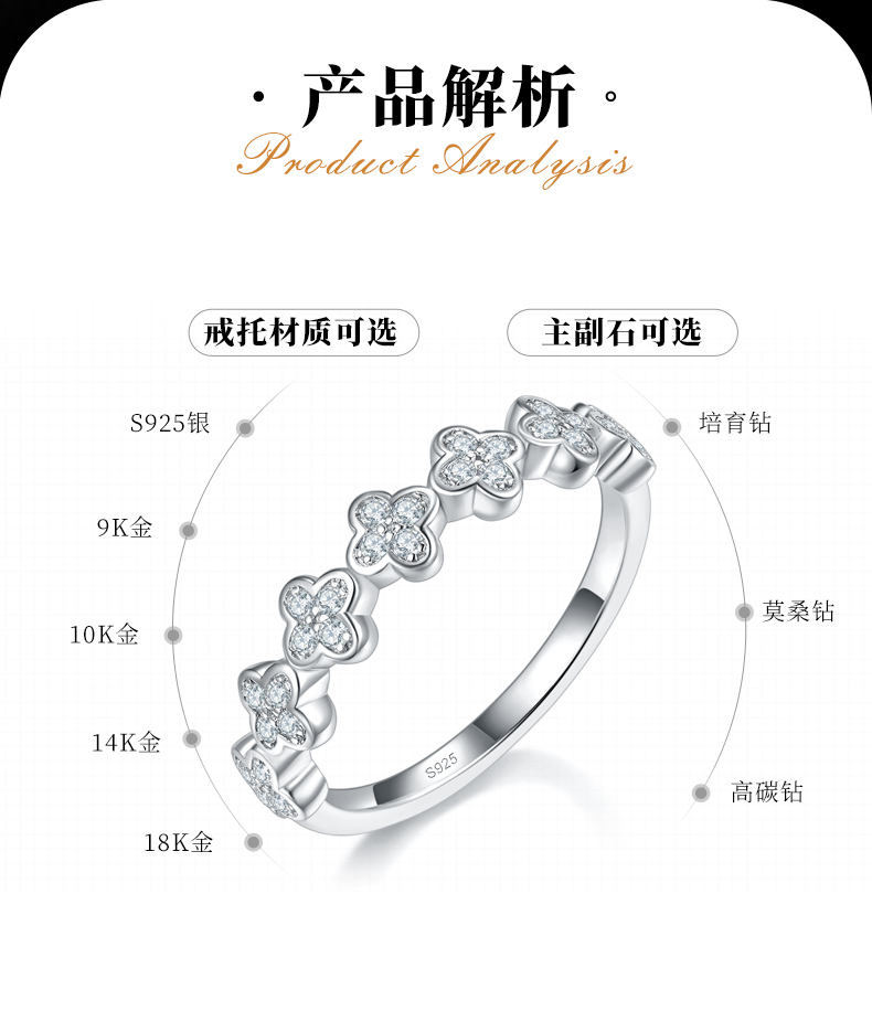 四叶草排戒S925银镀白金定制选款副石莫桑钻0.23ct - 2