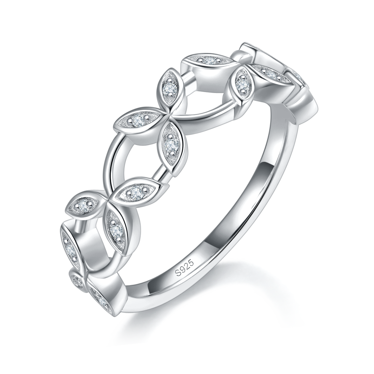 四叶草镂空排戒S925银镀白金定制选款副石莫桑钻0.17ct
