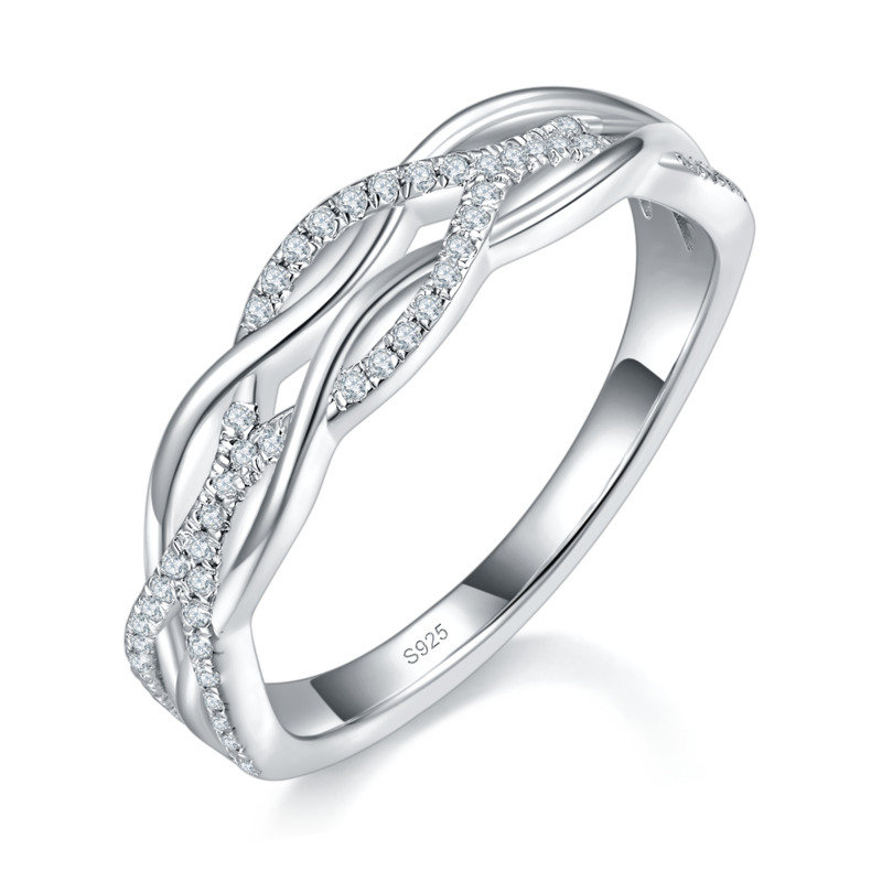 Affordable Luxury波浪交叉排戒S925银镀白金定制选款副石Moissanite0.168ct