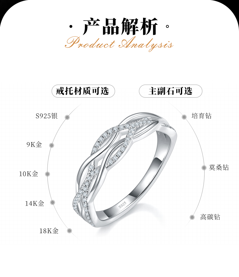 轻奢波浪交叉排戒S925银镀白金定制选款副石莫桑钻0.168ct - 2
