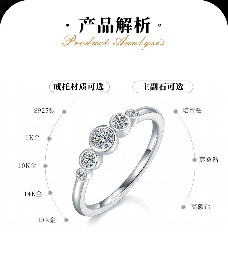 水泡排戒S925银镀白金定制选款副石莫桑钻0.37ct - 2