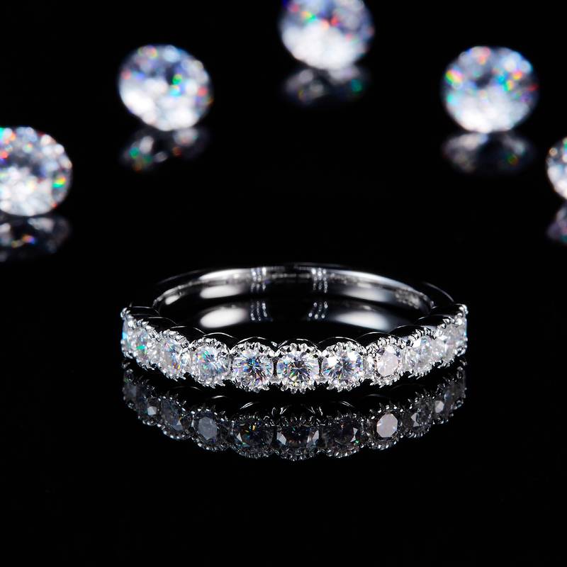 百搭叠带护戒花纹排戒S925银镀白金定制选款副石Moissanite0.21ct
