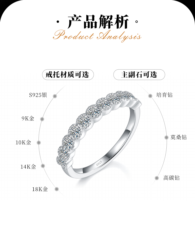 百搭叠带护戒花纹排戒S925银镀白金定制选款副石莫桑钻0.21ct - 2