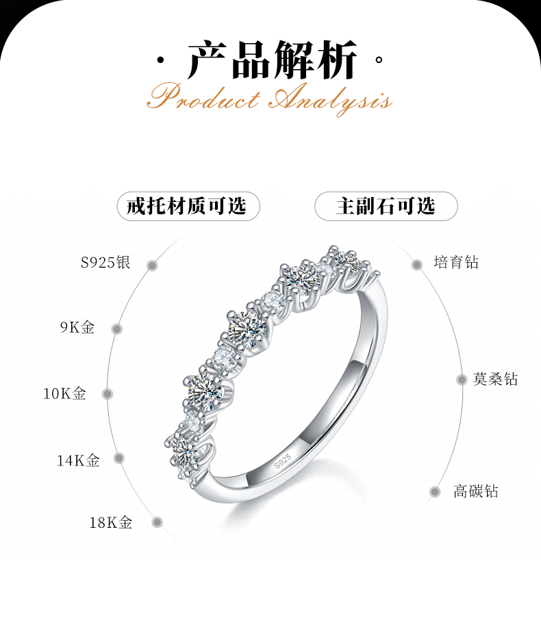 小碎钻精致排戒S925银镀白金定制选款副石莫桑钻0.53ct - 2