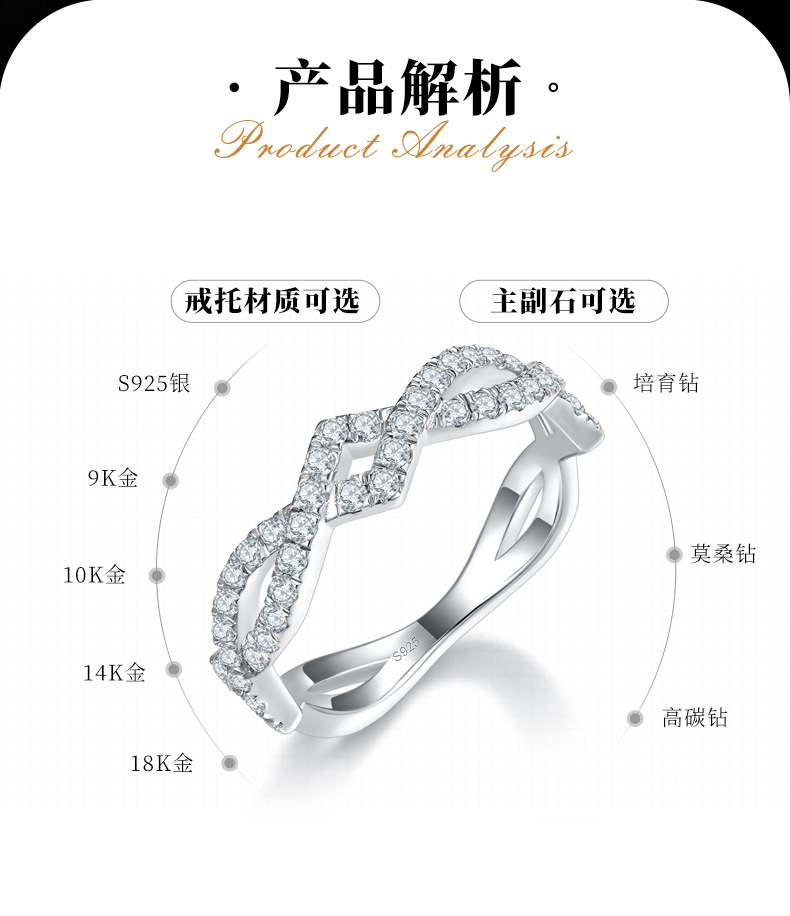 双臂缠绕排戒S925银镀白金定制选款副石莫桑钻0.6ct - 2