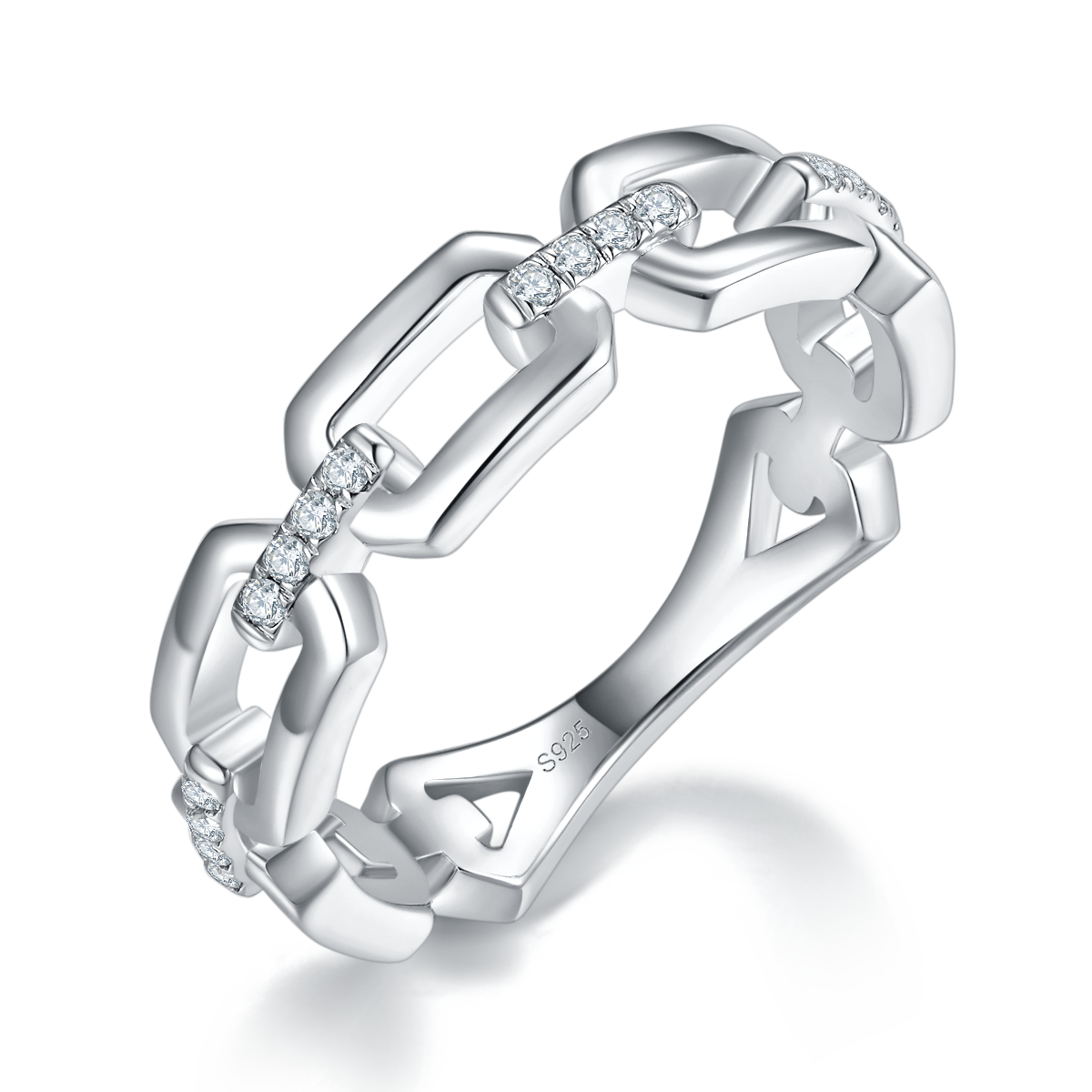 Hollow Block Chain Ring S925 Silver Plated Platinum Customized Selection Side Stone Moissanite 0.1ct