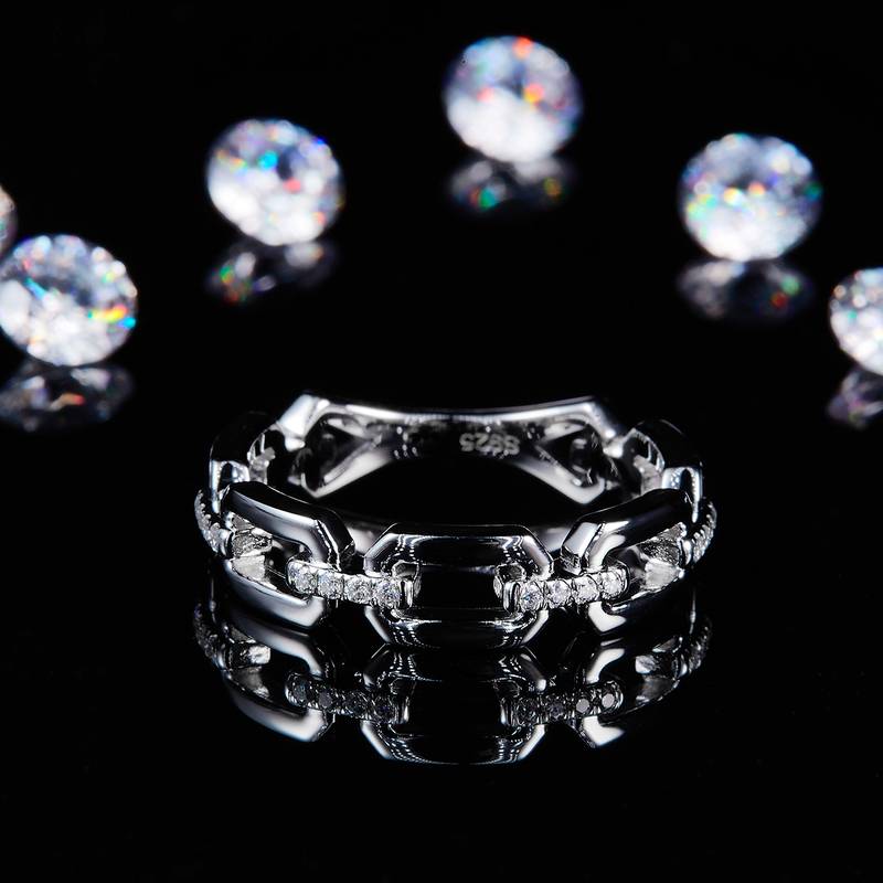 镂空方块链条排戒S925银镀白金定制选款副石Moissanite0.1ct