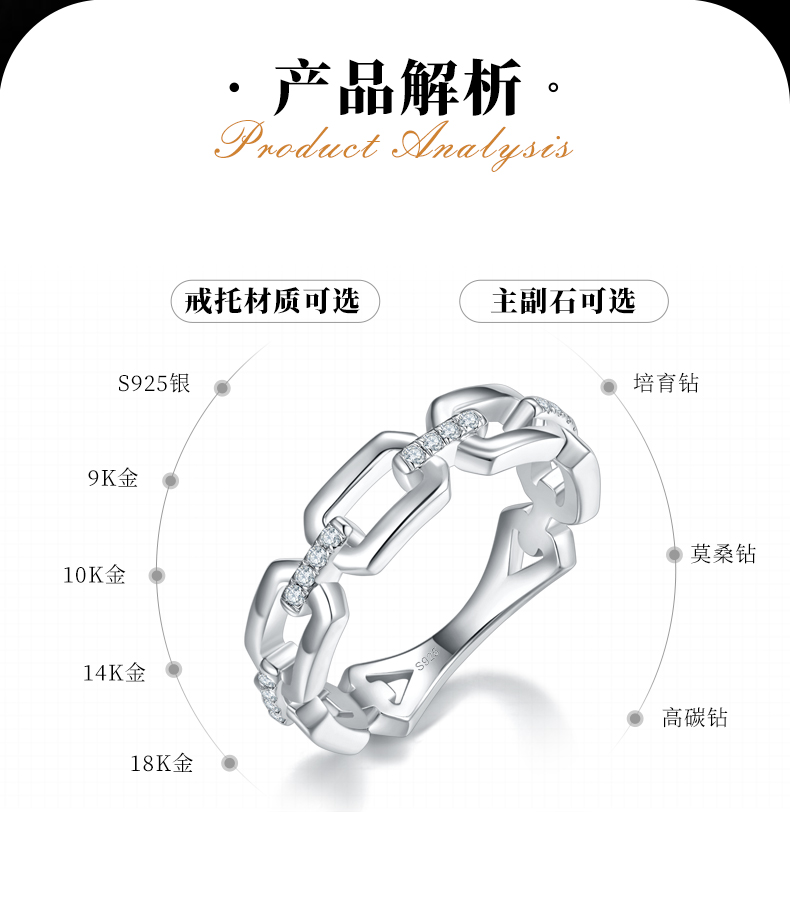 镂空方块链条排戒S925银镀白金定制选款副石莫桑钻0.1ct - 2