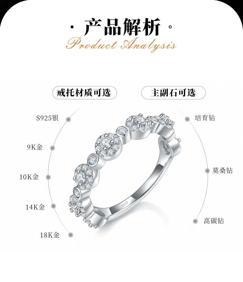 轻奢半圈碎钻排戒S925银镀白金定制选款副石莫桑钻0.64ct - 2