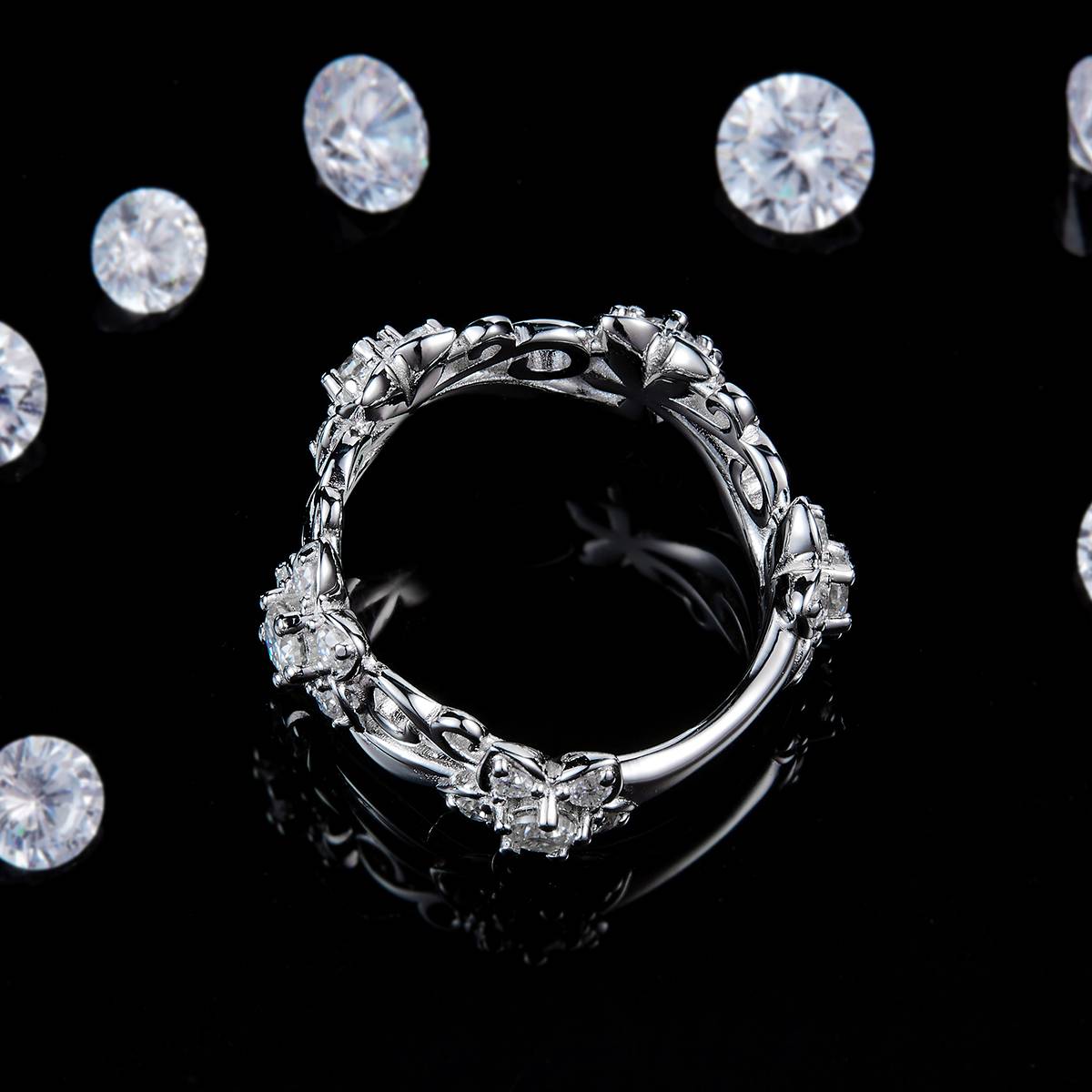 优雅镂空花纹排戒S925银镀白金定制选款副石莫桑钻1.0ct