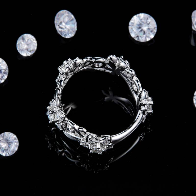 优雅镂空花纹排戒S925银镀白金定制选款副石Moissanite1.0ct