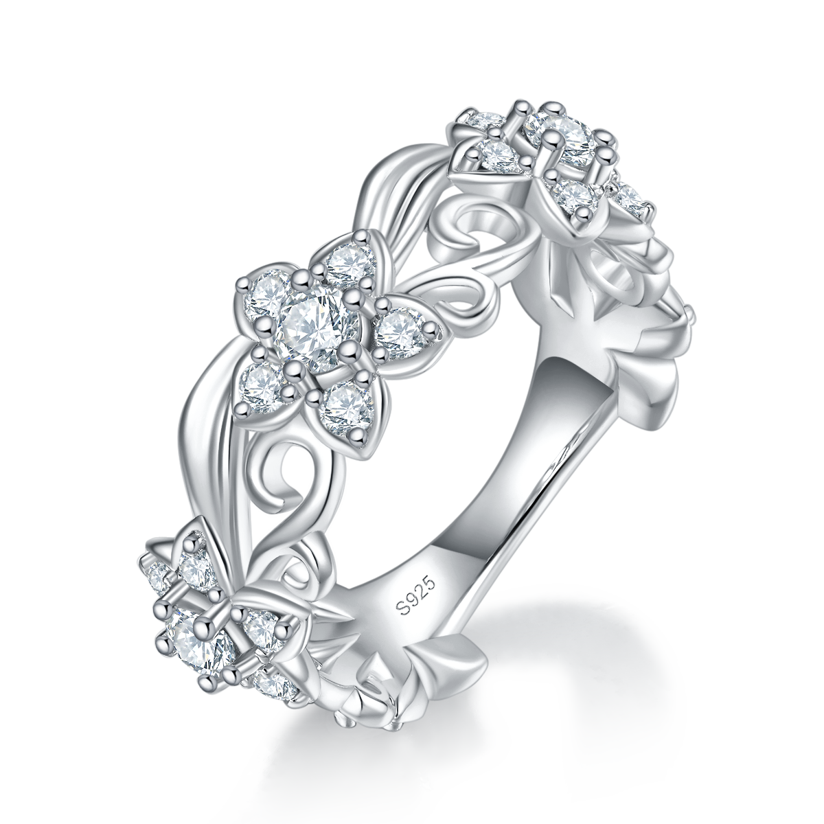 优雅镂空花纹排戒S925银镀白金定制选款副石莫桑钻1.0ct