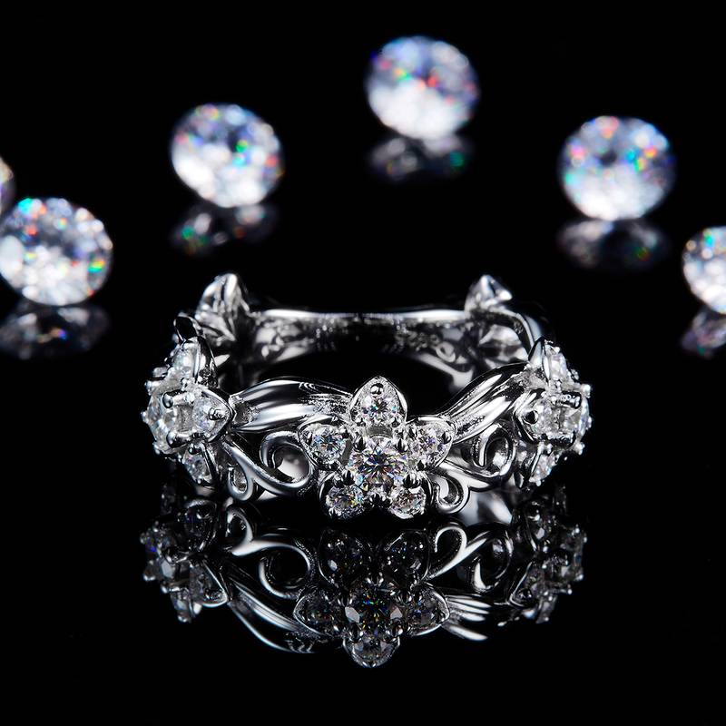优雅镂空花纹排戒S925银镀白金定制选款副石Moissanite1.0ct