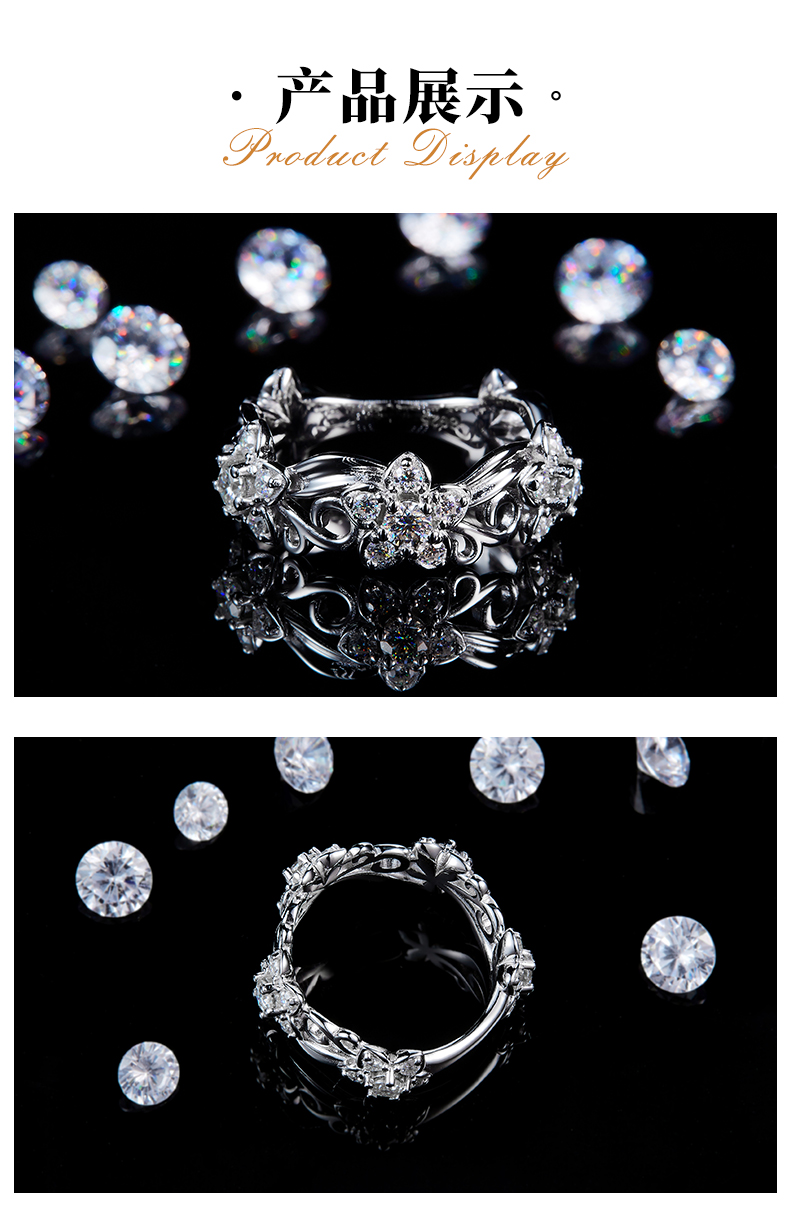 优雅镂空花纹排戒S925银镀白金定制选款副石莫桑钻1.0ct - 3