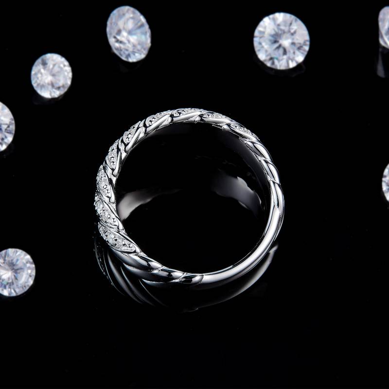 麻花扭纹线条排戒S925银镀白金定制选款副石莫桑钻0.4ct
