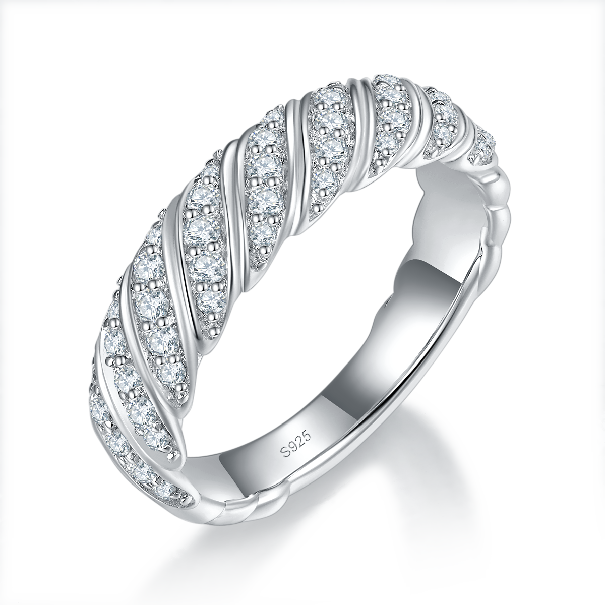 麻花扭纹线条排戒S925银镀白金定制选款副石莫桑钻0.4ct