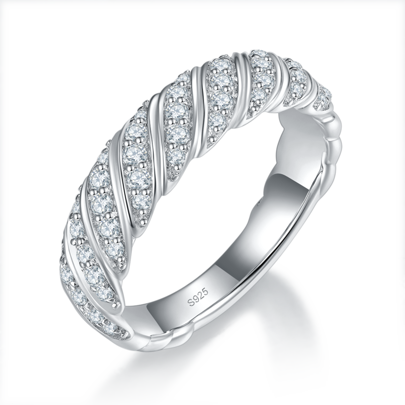 麻花扭纹线条排戒S925银镀白金定制选款副石莫桑钻0.4ct