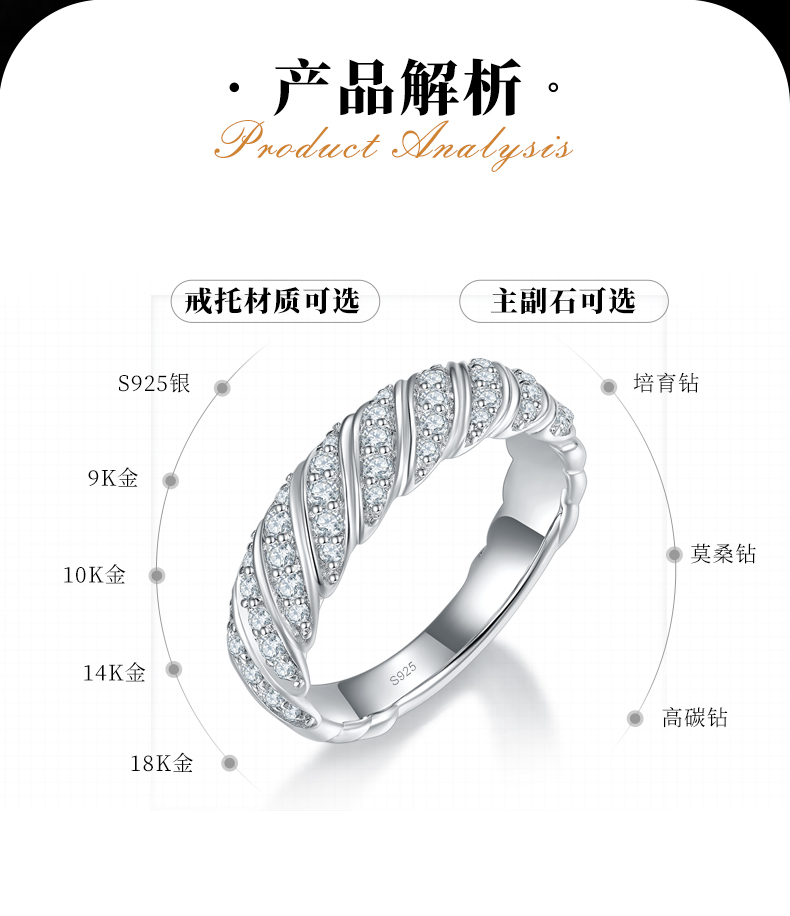麻花扭纹线条排戒S925银镀白金定制选款副石莫桑钻0.4ct - 2