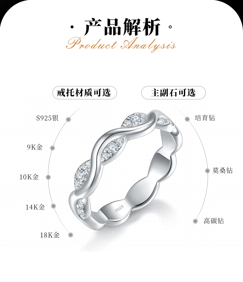 星河环绕女戒排戒S925银镀白金定制选款副石莫桑钻0.18ct - 2