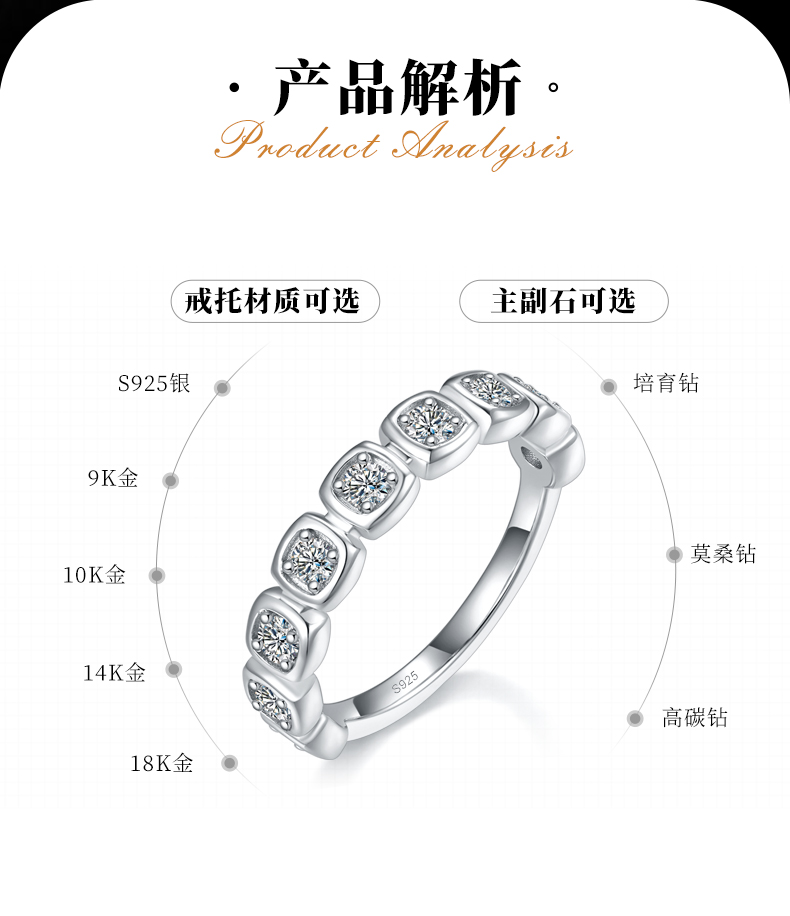 2.4mm圆钻包镶排戒S925银镀白金定制选款副石莫桑钻0.45ct - 2