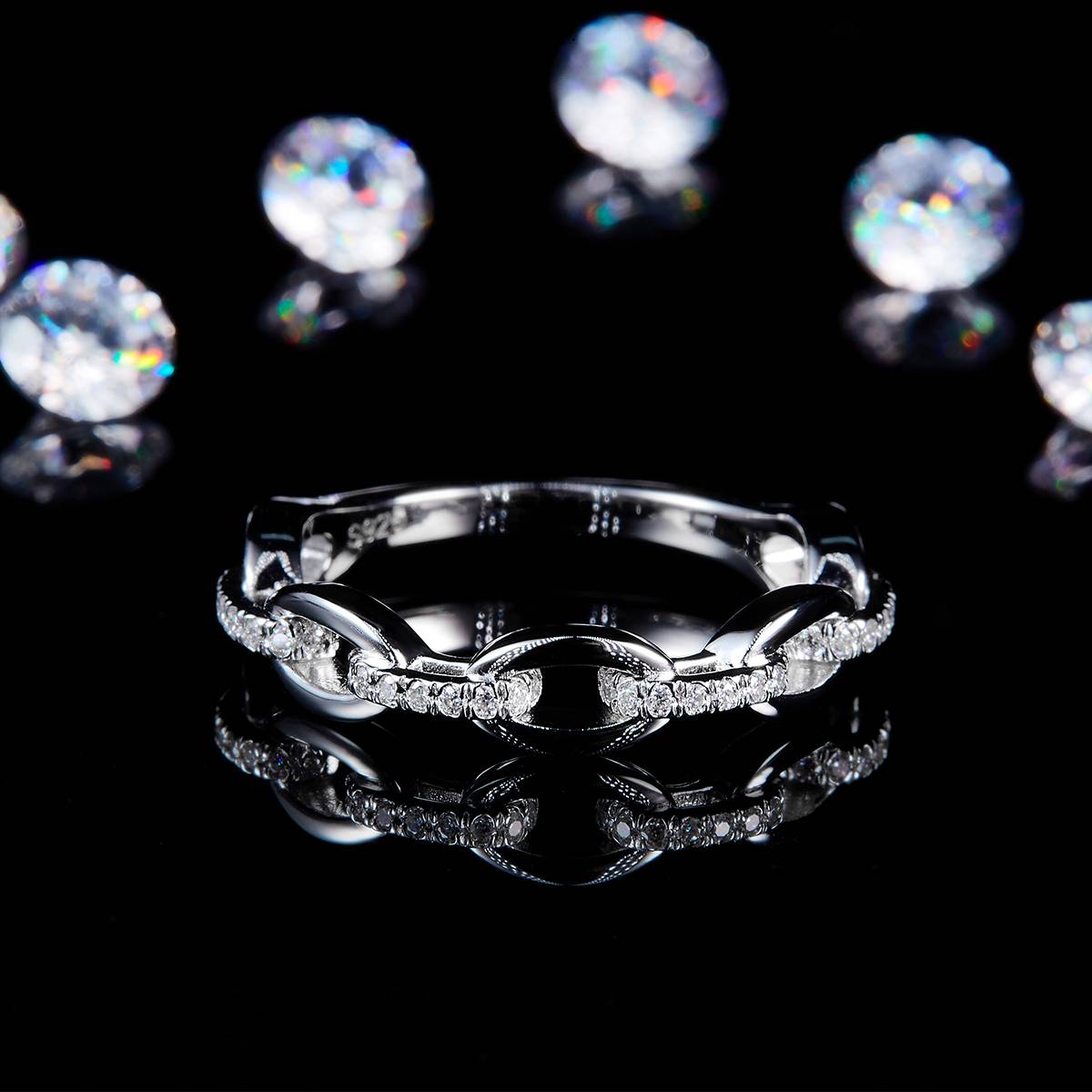 Micro inlaid hip-hop style Cuban chain style ring S925 silver plated platinum custom selection Side Stone Moissanite 0.18ct
