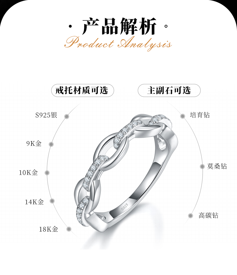 微镶嘻哈风古巴链条式排戒S925银镀白金定制选款副石莫桑钻0.18ct - 2