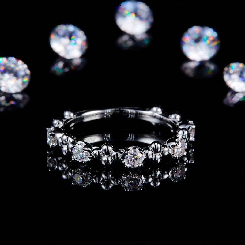 复古式圆珠Women's Ring排戒S925银镀白金定制选款副石Moissanite0.35ct