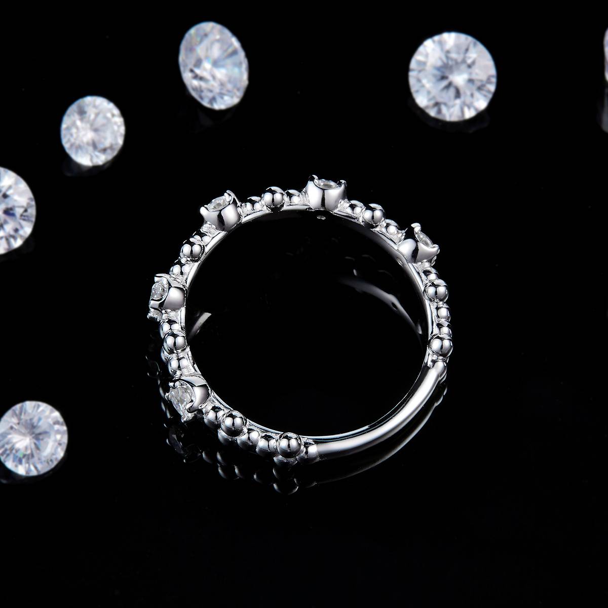 复古式圆珠女戒排戒S925银镀白金定制选款副石莫桑钻0.35ct
